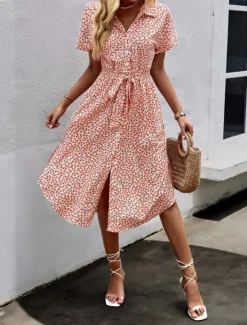 New Women's Midi Dress Casual Dress A Line Dress Stylish Casual Vacation Daily Regular Fit Floral Short Sleeve Shirt Collar Yellow Pink Blue Spring Fall Women Spring Dresses