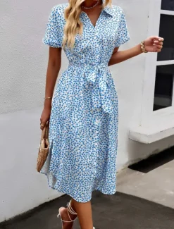 New Women's Midi Dress Casual Dress A Line Dress Stylish Casual Vacation Daily Regular Fit Floral Short Sleeve Shirt Collar Yellow Pink Blue Spring Fall Women Spring Dresses