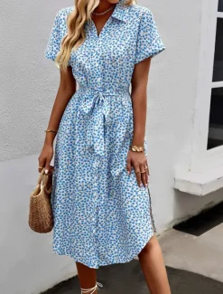 New Women's Midi Dress Casual Dress A Line Dress Stylish Casual Vacation Daily Regular Fit Floral Short Sleeve Shirt Collar Yellow Pink Blue Spring Fall Women Spring Dresses