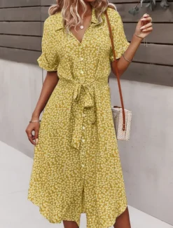 New Women's Midi Dress Casual Dress A Line Dress Stylish Casual Vacation Daily Regular Fit Floral Short Sleeve Shirt Collar Yellow Pink Blue Spring Fall Women Spring Dresses