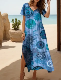 Outlet Women's Midi Dress Casual Dress Sundress A Line Dress Summer Dress Bohemia Vacation Casual Beach Loose Fit Graphic Boho Paisley Damask Short Sleeve V Neck Yellow Red Blue Purple Summer Spring Fall Women Vacation Dresses