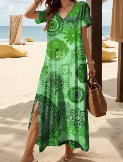 Outlet Women's Midi Dress Casual Dress Sundress A Line Dress Summer Dress Bohemia Vacation Casual Beach Loose Fit Graphic Boho Paisley Damask Short Sleeve V Neck Yellow Red Blue Purple Summer Spring Fall Women Vacation Dresses