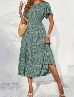 Best Women's Midi Dress Casual Dress Swing Dress A Line Dress Stylish Casual Vacation Daily Regular Fit Floral Short Sleeve V Neck Summer Women Spring Dresses|Floral Dresses
