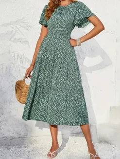 Best Women's Midi Dress Casual Dress Swing Dress A Line Dress Stylish Casual Vacation Daily Regular Fit Floral Short Sleeve V Neck Summer Women Spring Dresses|Floral Dresses