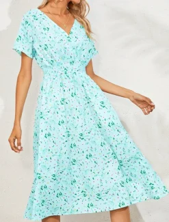 Women's Midi Dress Casual Dress Swing Dress A Line Dress Stylish Casual Vacation Daily Regular Fit Floral Short Sleeve V Neck Black White Yellow Pink Summer Women Spring Dresses