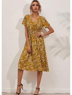 Women's Midi Dress Casual Dress Swing Dress A Line Dress Stylish Casual Vacation Daily Regular Fit Floral Short Sleeve V Neck Black White Yellow Pink Summer Women Spring Dresses