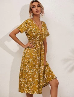 Women's Midi Dress Casual Dress Swing Dress A Line Dress Stylish Casual Vacation Daily Regular Fit Floral Short Sleeve V Neck Black White Yellow Pink Summer Women Spring Dresses