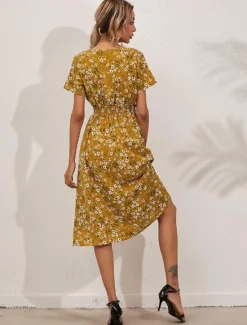 Women's Midi Dress Casual Dress Swing Dress A Line Dress Stylish Casual Vacation Daily Regular Fit Floral Short Sleeve V Neck Black White Yellow Pink Summer Women Spring Dresses
