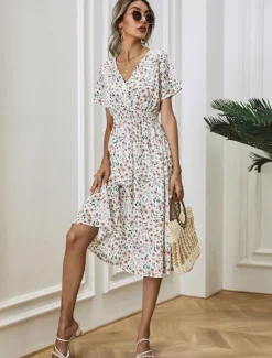 Women's Midi Dress Casual Dress Swing Dress A Line Dress Stylish Casual Vacation Daily Regular Fit Floral Short Sleeve V Neck Black White Yellow Pink Summer Women Spring Dresses