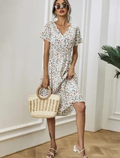 Women's Midi Dress Casual Dress Swing Dress A Line Dress Stylish Casual Vacation Daily Regular Fit Floral Short Sleeve V Neck Black White Yellow Pink Summer Women Spring Dresses