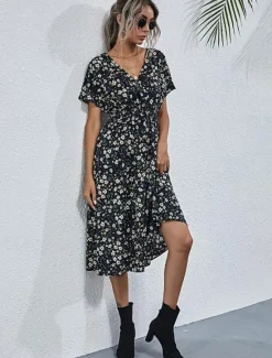 Women's Midi Dress Casual Dress Swing Dress A Line Dress Stylish Casual Vacation Daily Regular Fit Floral Short Sleeve V Neck Black White Yellow Pink Summer Women Spring Dresses