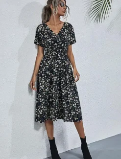 Women's Midi Dress Casual Dress Swing Dress A Line Dress Stylish Casual Vacation Daily Regular Fit Floral Short Sleeve V Neck Black White Yellow Pink Summer Women Spring Dresses