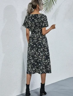 Women's Midi Dress Casual Dress Swing Dress A Line Dress Stylish Casual Vacation Daily Regular Fit Floral Short Sleeve V Neck Black White Yellow Pink Summer Women Spring Dresses