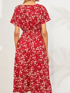 Women's Midi Dress Casual Dress Swing Dress A Line Dress Stylish Casual Vacation Daily Regular Fit Floral Short Sleeve V Neck Black White Yellow Pink Summer Women Spring Dresses