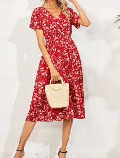 Women's Midi Dress Casual Dress Swing Dress A Line Dress Stylish Casual Vacation Daily Regular Fit Floral Short Sleeve V Neck Black White Yellow Pink Summer Women Spring Dresses