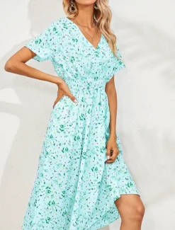 Women's Midi Dress Casual Dress Swing Dress A Line Dress Stylish Casual Vacation Daily Regular Fit Floral Short Sleeve V Neck Black White Yellow Pink Summer Women Spring Dresses