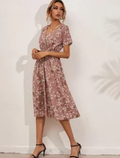 Women's Midi Dress Casual Dress Swing Dress A Line Dress Stylish Casual Vacation Daily Regular Fit Floral Short Sleeve V Neck Black White Yellow Pink Summer Women Spring Dresses