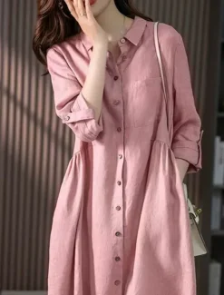 New Women's Midi Dress Casual Dress Cotton Linen Dress A Line Dress Basic Casual Vacation Daily Regular Fit Plain 3/4 Length Sleeve Shirt Collar Pink Green Summer Spring Fall Women Work Dresses