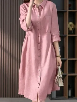New Women's Midi Dress Casual Dress Cotton Linen Dress A Line Dress Basic Casual Vacation Daily Regular Fit Plain 3/4 Length Sleeve Shirt Collar Pink Green Summer Spring Fall Women Work Dresses