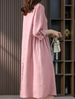 New Women's Midi Dress Casual Dress Cotton Linen Dress A Line Dress Basic Casual Vacation Daily Regular Fit Plain 3/4 Length Sleeve Shirt Collar Pink Green Summer Spring Fall Women Work Dresses
