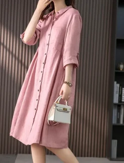 New Women's Midi Dress Casual Dress Cotton Linen Dress A Line Dress Basic Casual Vacation Daily Regular Fit Plain 3/4 Length Sleeve Shirt Collar Pink Green Summer Spring Fall Women Work Dresses