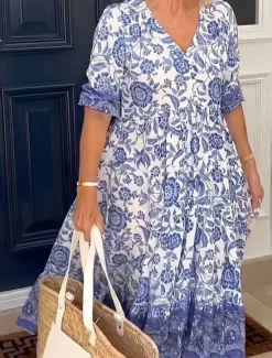 Hot Women's Midi Dress Casual Dress Boho Chic Dresses Boho Dress Bohemia Stylish Casual Vacation Casual Daily Loose Fit Graphic Half Sleeve V Neck Pink Blue Sky Blue Apricot Summer Spring Women Floral Dresses