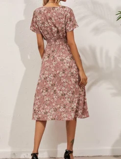 Clearance Women's Midi Dress Casual Dress A Line Dress Stylish Casual Vacation Daily Regular Fit Floral Short Sleeve V Neck White Pink Summer Women Floral Dresses|Spring Dresses