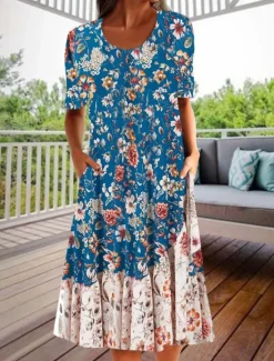 New Women's Midi Dress Casual Dress Floral Dress Classic Modern Outdoor Vacation Holiday Regular Fit Flower Short Sleeve Crew Neck Black Blue Fall Women Floral Dresses