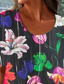 New Women's Midi Dress Casual Dress Floral Dress Classic Modern Outdoor Vacation Holiday Regular Fit Flower Short Sleeve Crew Neck Black Blue Fall Women Floral Dresses