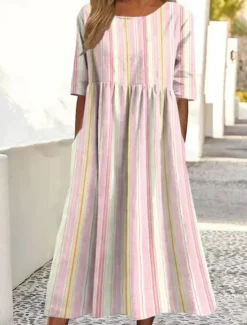 Sale Women's Midi Dress Casual Dress T Shirt Dress Tee Dress Sundress A Line Dress Bohemia Vacation Vintage Regular Fit Graphic Stripe Short Sleeve Crew Neck Summer Women Casual Dress