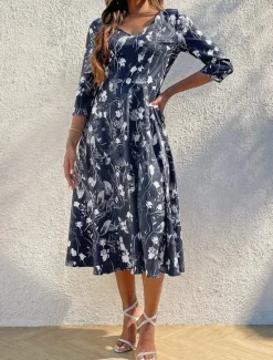 Best Women's Midi Dress Casual Dress A Line Dress Casual Daily Regular Fit Floral 3/4 Length Sleeve V Neck Summer Spring Fall Women Cocktail Dress