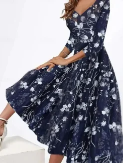 Best Women's Midi Dress Casual Dress A Line Dress Casual Daily Regular Fit Floral 3/4 Length Sleeve V Neck Summer Spring Fall Women Cocktail Dress
