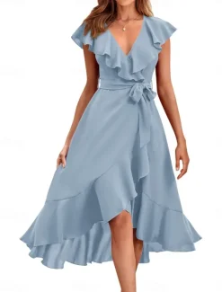 Hot Women's Midi Dress Casual Dress Cocktail Dress Wedding Guest Dress Chiffon Dress Streetwear Basic Casual Vacation Street Holiday Regular Fit Short Sleeve V Neck Black Red Light Green Light Blue Summer Women Cocktail Dress
