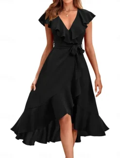 Hot Women's Midi Dress Casual Dress Cocktail Dress Wedding Guest Dress Chiffon Dress Streetwear Basic Casual Vacation Street Holiday Regular Fit Short Sleeve V Neck Black Red Light Green Light Blue Summer Women Cocktail Dress