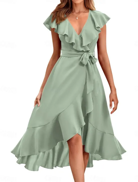 Hot Women's Midi Dress Casual Dress Cocktail Dress Wedding Guest Dress Chiffon Dress Streetwear Basic Casual Vacation Street Holiday Regular Fit Short Sleeve V Neck Black Red Light Green Light Blue Summer Women Cocktail Dress