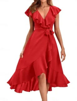 Hot Women's Midi Dress Casual Dress Cocktail Dress Wedding Guest Dress Chiffon Dress Streetwear Basic Casual Vacation Street Holiday Regular Fit Short Sleeve V Neck Black Red Light Green Light Blue Summer Women Cocktail Dress