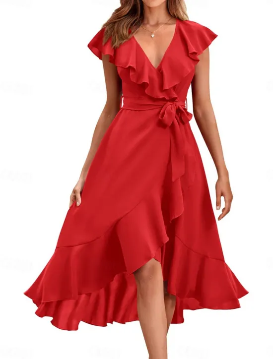 Hot Women's Midi Dress Casual Dress Cocktail Dress Wedding Guest Dress Chiffon Dress Streetwear Basic Casual Vacation Street Holiday Regular Fit Short Sleeve V Neck Black Red Light Green Light Blue Summer Women Cocktail Dress