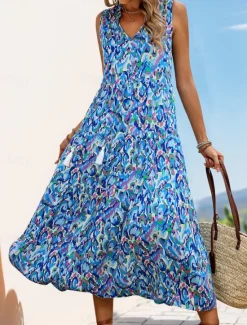 Outlet Women's Midi Dress Casual Dress Swing Dress A Line Dress Tank Dress Casual Daily Regular Fit Floral Sleeveless V Neck Blue Fuchsia Green Summer Spring Fall Women Floral Dresses