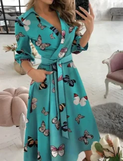 Women's Midi Dress Casual Dress A Line Dress Stylish Casual Vacation Daily Regular Fit Graphic Geometric 3/4 Length Sleeve V Neck Black White Blue Green Summer Women Work Dresses