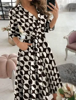 Women's Midi Dress Casual Dress A Line Dress Stylish Casual Vacation Daily Regular Fit Graphic Geometric 3/4 Length Sleeve V Neck Black White Blue Green Summer Women Work Dresses