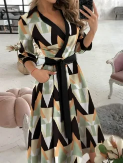 Women's Midi Dress Casual Dress A Line Dress Stylish Casual Vacation Daily Regular Fit Graphic Geometric 3/4 Length Sleeve V Neck Black White Blue Green Summer Women Work Dresses