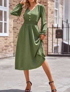 Best Women's Midi Dress Casual Dress A Line Dress Stylish Basic Casual Vacation Daily Regular Fit Plain Long Sleeve V Neck Black Army Green Summer Spring Women Work Dresses
