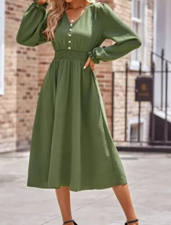 Best Women's Midi Dress Casual Dress A Line Dress Stylish Basic Casual Vacation Daily Regular Fit Plain Long Sleeve V Neck Black Army Green Summer Spring Women Work Dresses