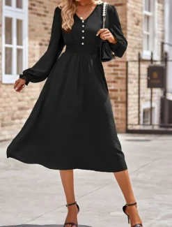 Best Women's Midi Dress Casual Dress A Line Dress Stylish Basic Casual Vacation Daily Regular Fit Plain Long Sleeve V Neck Black Army Green Summer Spring Women Work Dresses