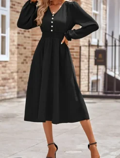 Best Women's Midi Dress Casual Dress A Line Dress Stylish Basic Casual Vacation Daily Regular Fit Plain Long Sleeve V Neck Black Army Green Summer Spring Women Work Dresses