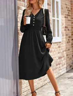 Best Women's Midi Dress Casual Dress A Line Dress Stylish Basic Casual Vacation Daily Regular Fit Plain Long Sleeve V Neck Black Army Green Summer Spring Women Work Dresses