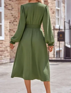 Best Women's Midi Dress Casual Dress A Line Dress Stylish Basic Casual Vacation Daily Regular Fit Plain Long Sleeve V Neck Black Army Green Summer Spring Women Work Dresses
