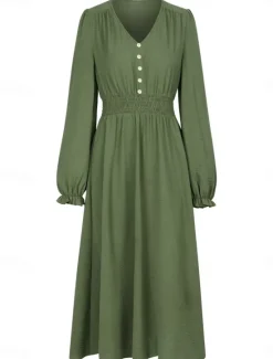 Best Women's Midi Dress Casual Dress A Line Dress Stylish Basic Casual Vacation Daily Regular Fit Plain Long Sleeve V Neck Black Army Green Summer Spring Women Work Dresses