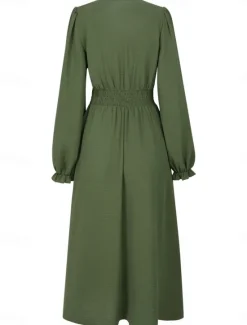 Best Women's Midi Dress Casual Dress A Line Dress Stylish Basic Casual Vacation Daily Regular Fit Plain Long Sleeve V Neck Black Army Green Summer Spring Women Work Dresses
