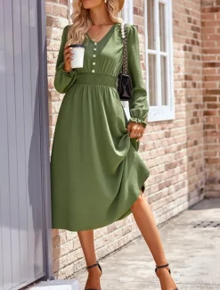 Best Women's Midi Dress Casual Dress A Line Dress Stylish Basic Casual Vacation Daily Regular Fit Plain Long Sleeve V Neck Black Army Green Summer Spring Women Work Dresses